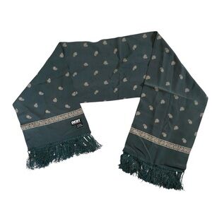 DKNY Green Paisley Print 100% Silk Rectangle Scarf Fringe Quiet Luxury 51x10”